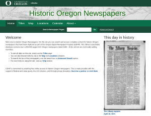 Screenshot of Oregon Historic Newspapers home page