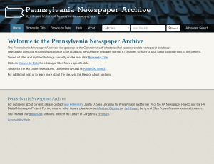 Screenshot of Pennsylvania Newspaper Archive home page