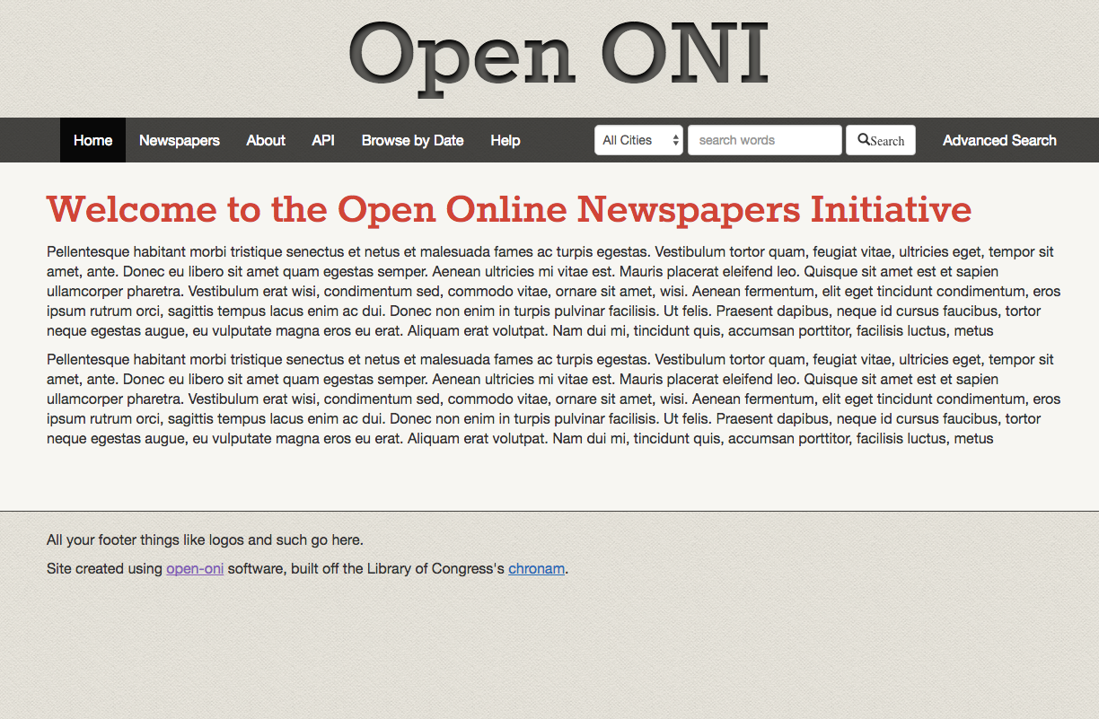 Screenshot of Open ONI default theme home page